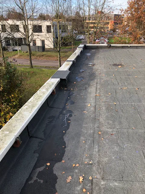 Eau stagnante le long de l'acrotère d'une toiture terrasse de bâtiment tertiaire